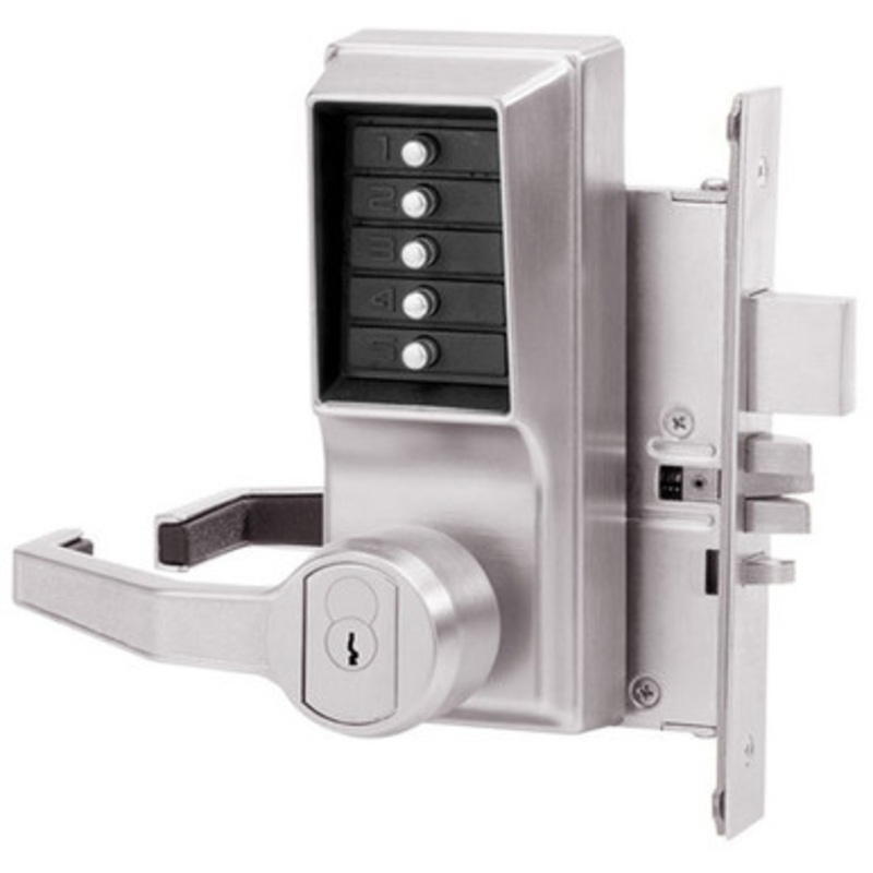Dormakaba L8146R-026-41 Pushbutton Mortise Lock with Lever Sargent Core override in Bright Chrome