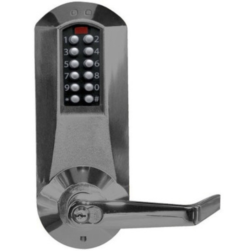 Eplex E5051CWLl-676-41 Pushbutton Cylindrical Lever Lock with Corbin Core Override in Black with Satin Chrome Accents