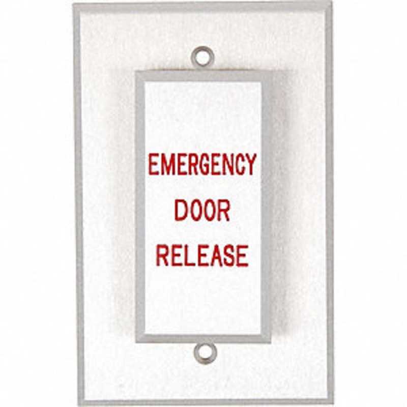 Dortronics W5286-P24xE5 Maintained Action Push Plate Single Gang Switch 3 inch Wide Back Plate, EMERGENCY DOOR RELEASE in Red Letters