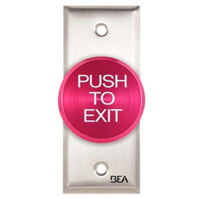 10ACPBDA2  BEA Pushbutton Pneumatic Push Button, Single gang plate, oversized 2 In. Red button, Push to Exit text, 2.5 AMP 12 to 24 V AC/DC