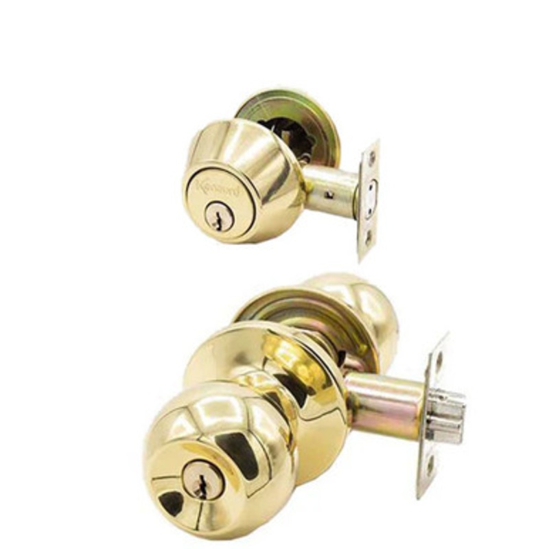Kenaurd Premium Combo Lockset – Knob & Double Cylinder Deadbolt – Entrance – Polished Brass – Retail Packaging – KW1 / SC1 – Grade 3
