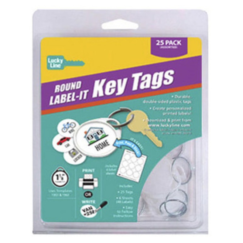 Lucky Line Round Label-It Plastic Tags with Labels and Rings ASSORTED White – 25 Pcs – Clamshell