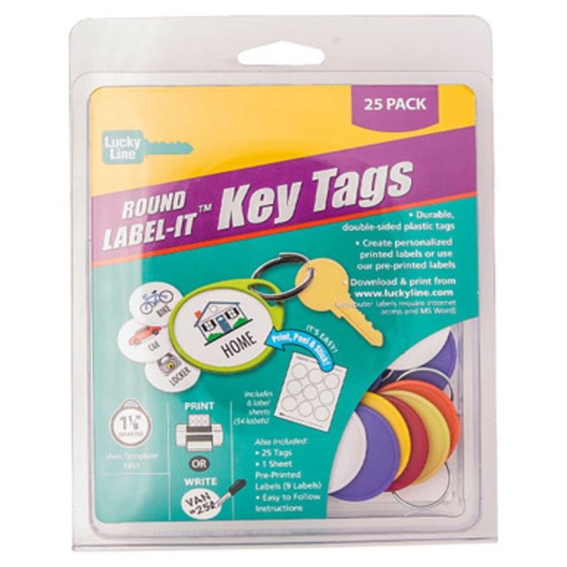 Lucky Line Round Label-It Plastic Tags with Labels and Rings ASSORTED – 25 Pcs – Clamshell